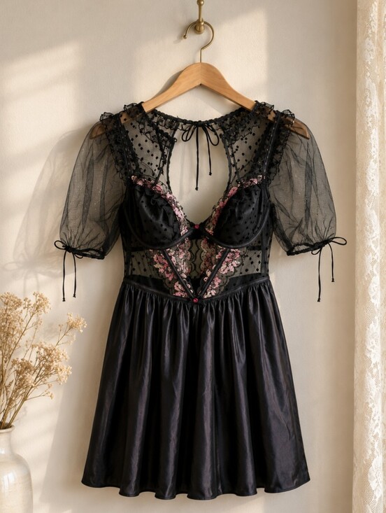 For Love And Lemons Dresses & Skirts - For Love and Lemons Juliet Puff‎ Sleeve Black Lace Dress